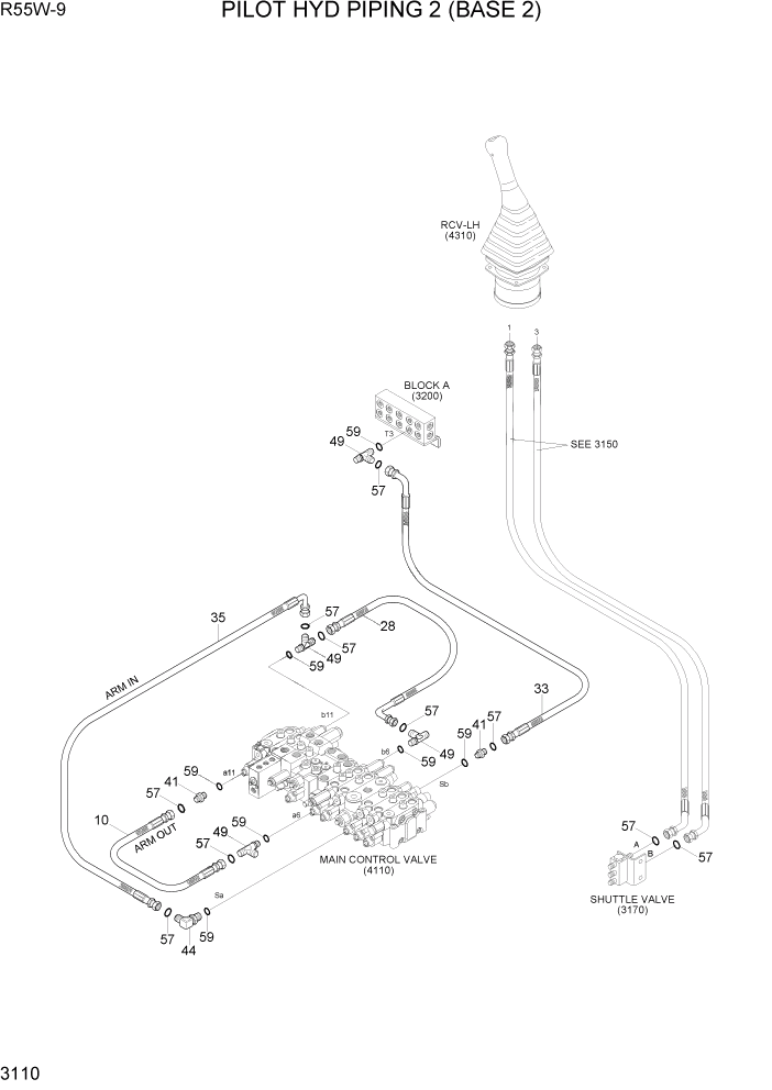 Схема запчастей Hyundai R55W-9 - PAGE 3110 PILOT HYD PIPING 2 (BASE 2) ГИДРАВЛИЧЕСКАЯ СИСТЕМА