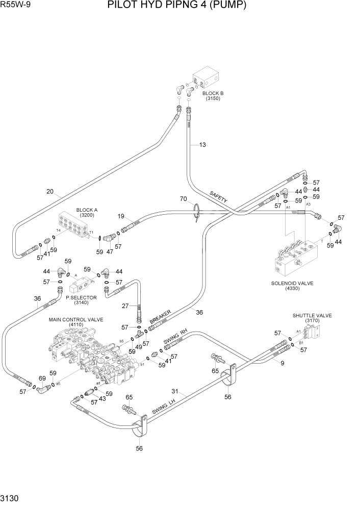 Схема запчастей Hyundai R55W-9 - PAGE 3130 PILOT HYD PIPING 4 (PUMP) ГИДРАВЛИЧЕСКАЯ СИСТЕМА