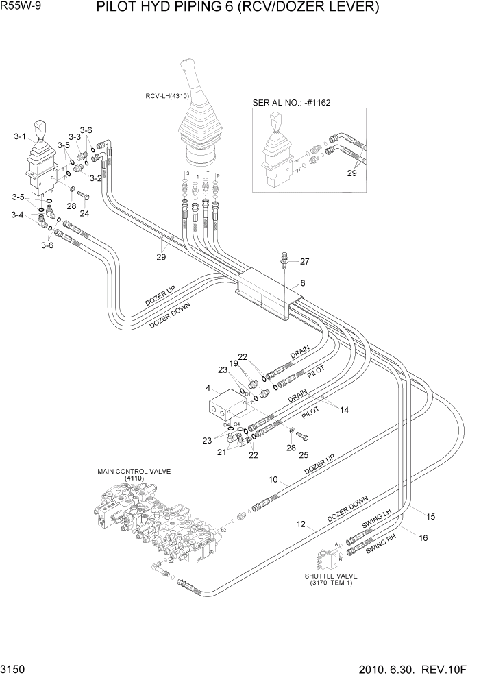 Схема запчастей Hyundai R55W-9 - PAGE 3150 PILOT HYD PIPING 6 (RCV/DOZER LEVER) ГИДРАВЛИЧЕСКАЯ СИСТЕМА