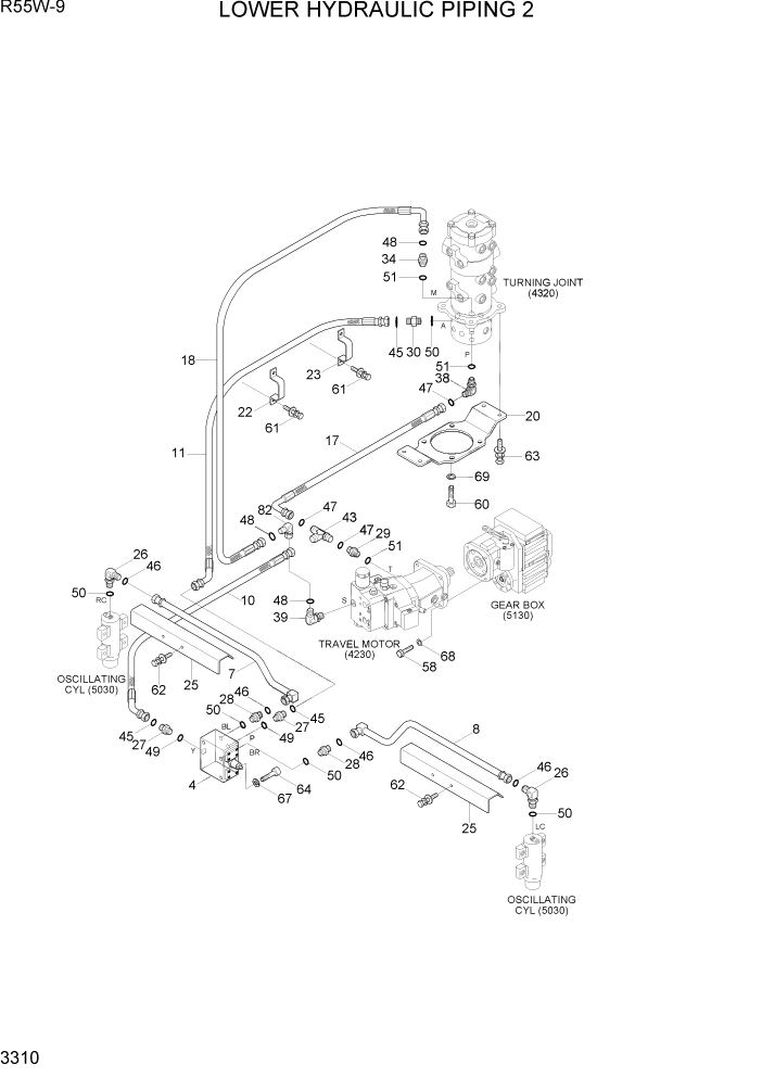 Схема запчастей Hyundai R55W-9 - PAGE 3310 LOWER HYDRAULIC PIPING 2 ГИДРАВЛИЧЕСКАЯ СИСТЕМА