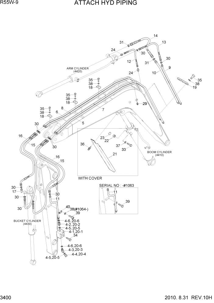 Схема запчастей Hyundai R55W-9 - PAGE 3400 ATTACH HYDRAULIC PIPING ГИДРАВЛИЧЕСКАЯ СИСТЕМА