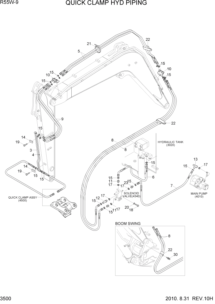 Схема запчастей Hyundai R55W-9 - PAGE 3500 QUICK CLAMP HYD PIPING ГИДРАВЛИЧЕСКАЯ СИСТЕМА