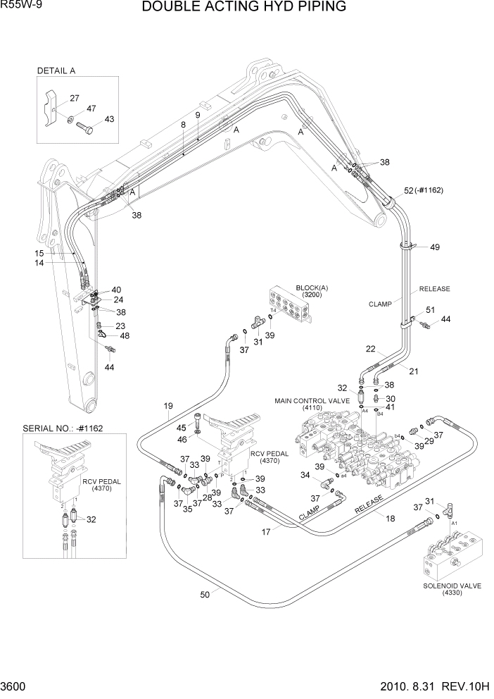 Схема запчастей Hyundai R55W-9 - PAGE 3600 DOUBLE ACTING HYD PIPING ГИДРАВЛИЧЕСКАЯ СИСТЕМА