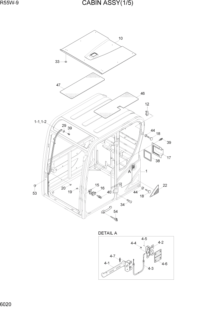 Схема запчастей Hyundai R55W-9 - PAGE 6020 CABIN ASSY(1/5) СТРУКТУРА