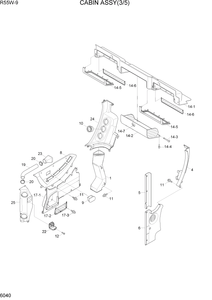 Схема запчастей Hyundai R55W-9 - PAGE 6040 CABIN ASSY(3/5) СТРУКТУРА