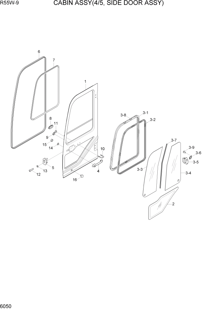 Схема запчастей Hyundai R55W-9 - PAGE 6050 CABIN ASSY(4/5, SIDE DOOR ASSY) СТРУКТУРА