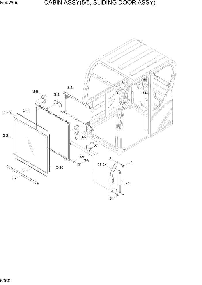 Схема запчастей Hyundai R55W-9 - PAGE 6060 CABIN ASSY(5/5, SLIDING DOOR ASSY) СТРУКТУРА