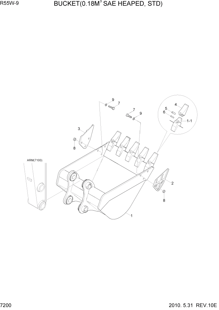 Схема запчастей Hyundai R55W-9 - PAGE 7200 BUCKET(0.18M3 SAE HEAPED, STD) РАБОЧЕЕ ОБОРУДОВАНИЕ