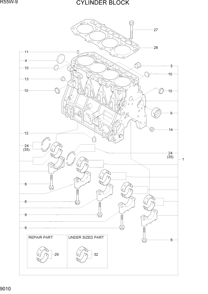 Схема запчастей Hyundai R55W-9 - PAGE 9010 CYLINDER BLOCK ДВИГАТЕЛЬ БАЗА