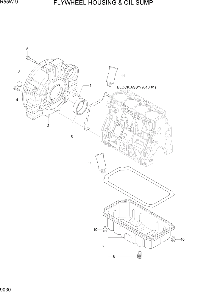 Схема запчастей Hyundai R55W-9 - PAGE 9030 FLYWHEEL HOUSING & OIL SUMP ДВИГАТЕЛЬ БАЗА