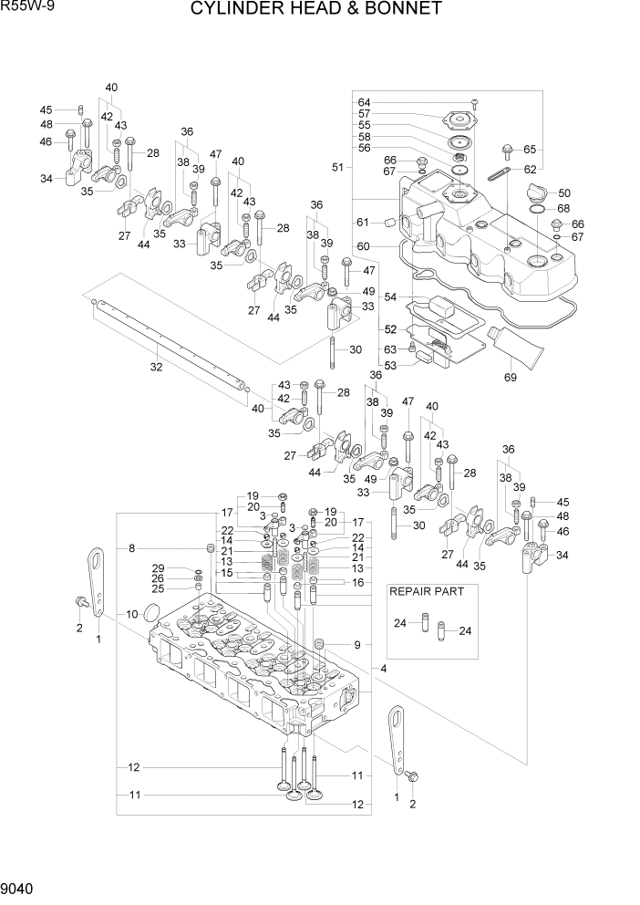 Схема запчастей Hyundai R55W-9 - PAGE 9040 CYLINDER HEAD & BONNET ДВИГАТЕЛЬ БАЗА