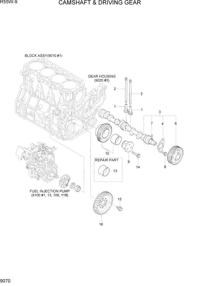 Схема запчастей Hyundai R55W-9 - PAGE 9070 CAMSHAFT & DRIVING GEAR ДВИГАТЕЛЬ БАЗА