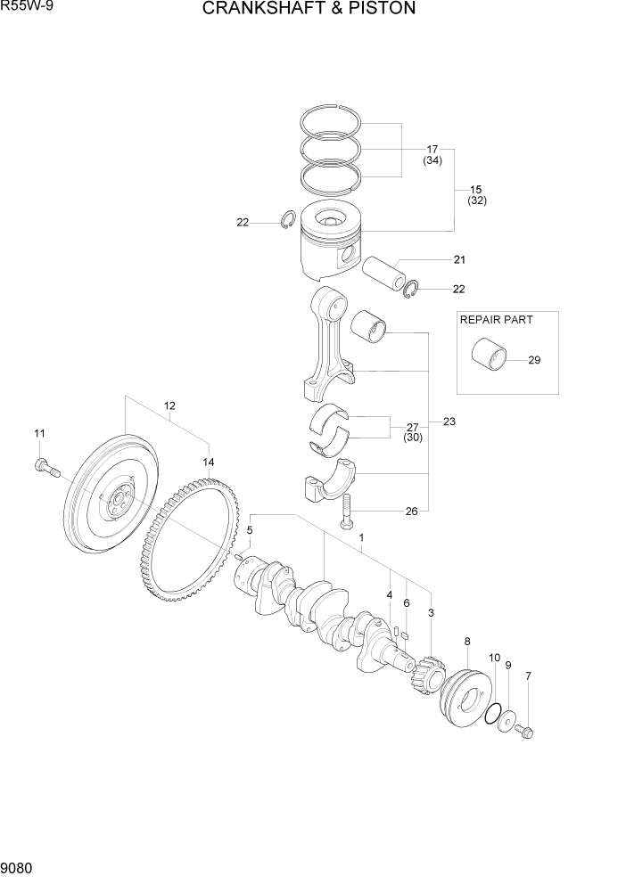 Схема запчастей Hyundai R55W-9 - PAGE 9080 CRANKSHAFT & PISTON ДВИГАТЕЛЬ БАЗА