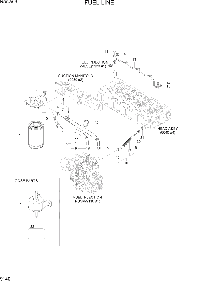 Схема запчастей Hyundai R55W-9 - PAGE 9140 FUEL LINE ДВИГАТЕЛЬ БАЗА