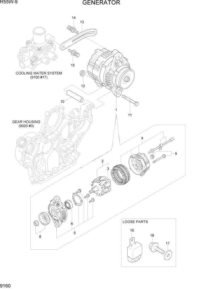 Схема запчастей Hyundai R55W-9 - PAGE 9160 GENERATOR ДВИГАТЕЛЬ БАЗА