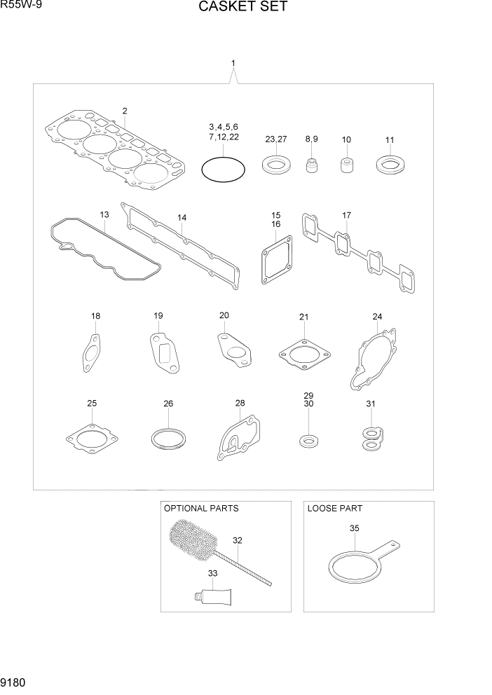 Схема запчастей Hyundai R55W-9 - PAGE 9180 GASKET SET ДВИГАТЕЛЬ БАЗА