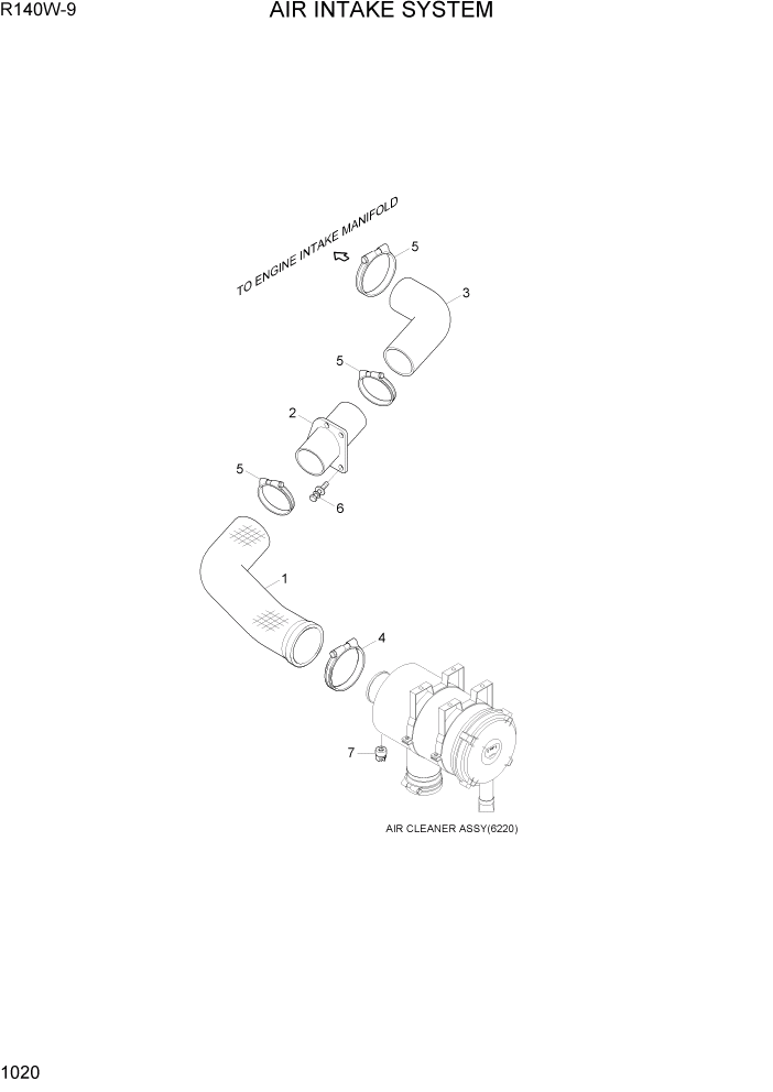 Схема запчастей Hyundai R140W9 - PAGE 1020 AIR INTAKE SYSTEM СИСТЕМА ДВИГАТЕЛЯ