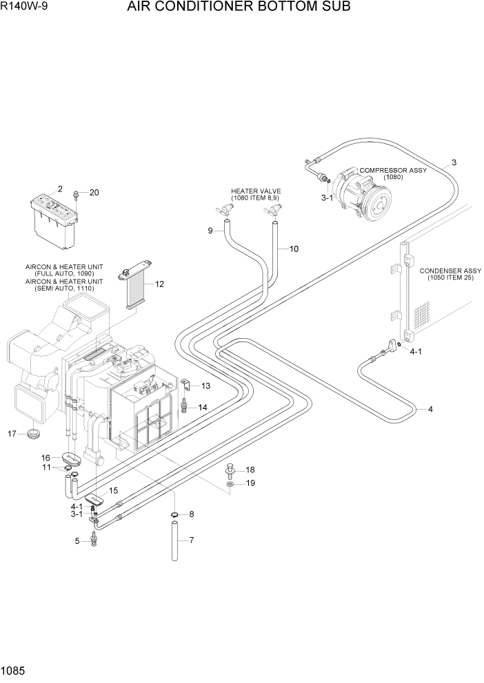 Схема запчастей Hyundai R140W9 - PAGE 1085 AIR CONDITIONER BOTTOM SUB СИСТЕМА ДВИГАТЕЛЯ