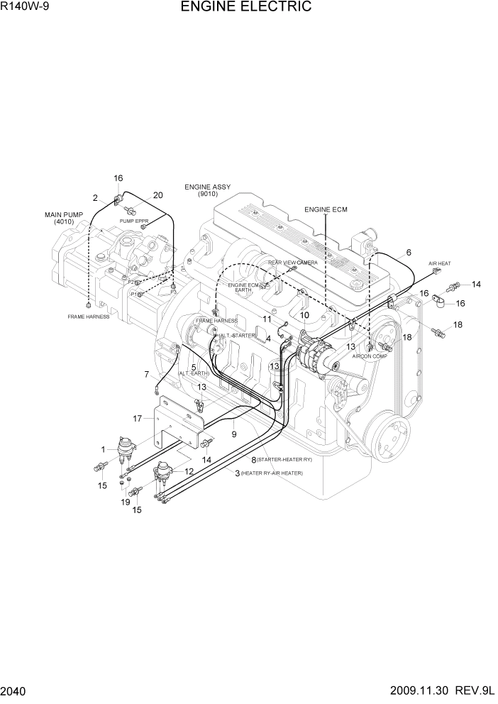 Схема запчастей Hyundai R140W9 - PAGE 2040 ENGINE ELECTRIC ЭЛЕКТРИЧЕСКАЯ СИСТЕМА