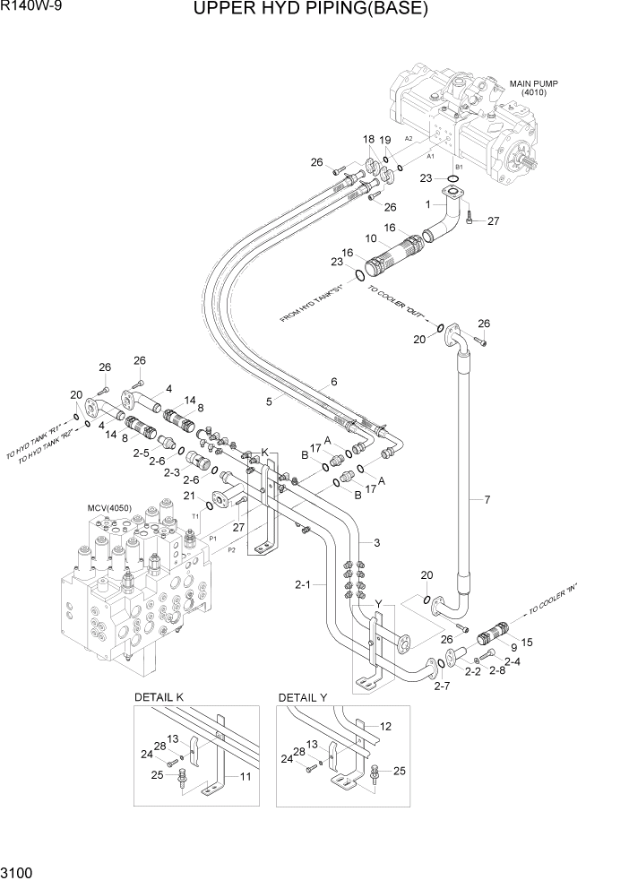 Схема запчастей Hyundai R140W9 - PAGE 3100 UPPER HYD PIPING(BASE) ГИДРАВЛИЧЕСКАЯ СИСТЕМА