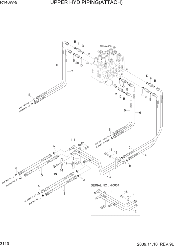 Схема запчастей Hyundai R140W9 - PAGE 3110 UPPER HYD PIPING(ATTACH) ГИДРАВЛИЧЕСКАЯ СИСТЕМА