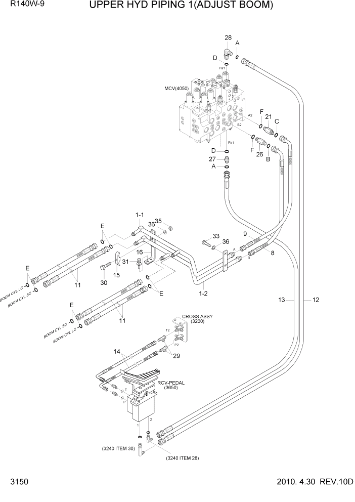 Схема запчастей Hyundai R140W9 - PAGE 3150 UPPER HYD PIPING 1(ADJUST BOOM) ГИДРАВЛИЧЕСКАЯ СИСТЕМА