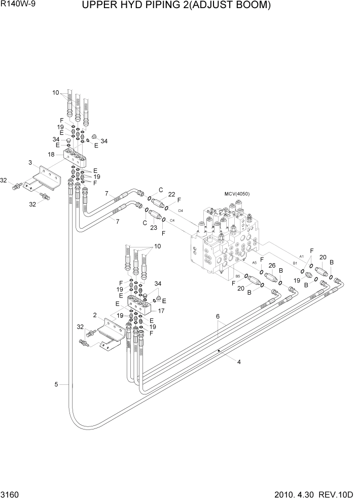 Схема запчастей Hyundai R140W9 - PAGE 3160 UPPER HYD PIPING 2(ADJUST BOOM) ГИДРАВЛИЧЕСКАЯ СИСТЕМА