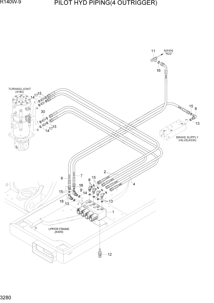 Схема запчастей Hyundai R140W9 - PAGE 3280 PILOT HYD PIPING(4 OUTRIGGER) ГИДРАВЛИЧЕСКАЯ СИСТЕМА