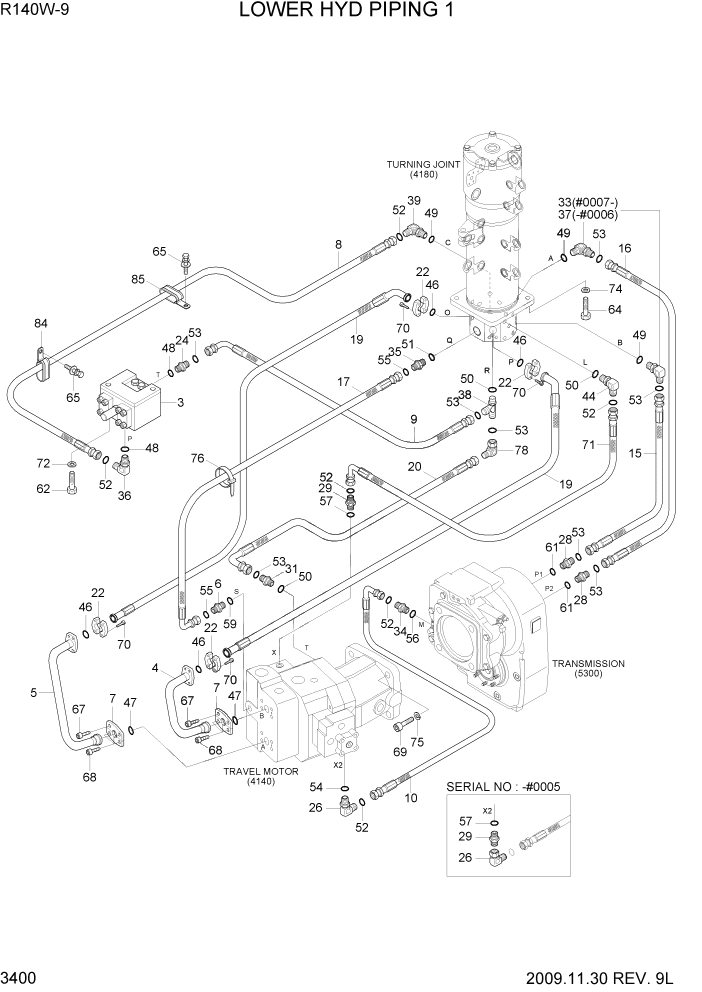 Схема запчастей Hyundai R140W9 - PAGE 3400 LOWER HYD PIPING 1 ГИДРАВЛИЧЕСКАЯ СИСТЕМА