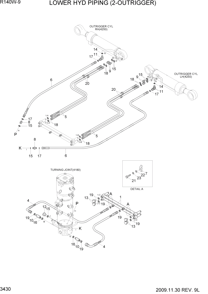 Схема запчастей Hyundai R140W9 - PAGE 3430 LOWER HYD PIPING(2 OUTRIGGER) ГИДРАВЛИЧЕСКАЯ СИСТЕМА