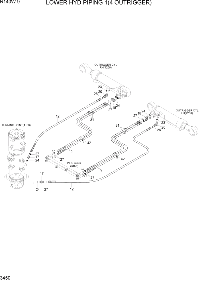 Схема запчастей Hyundai R140W9 - PAGE 3450 LOWER HYD PIPING 1(4 OUTRIGGER) ГИДРАВЛИЧЕСКАЯ СИСТЕМА