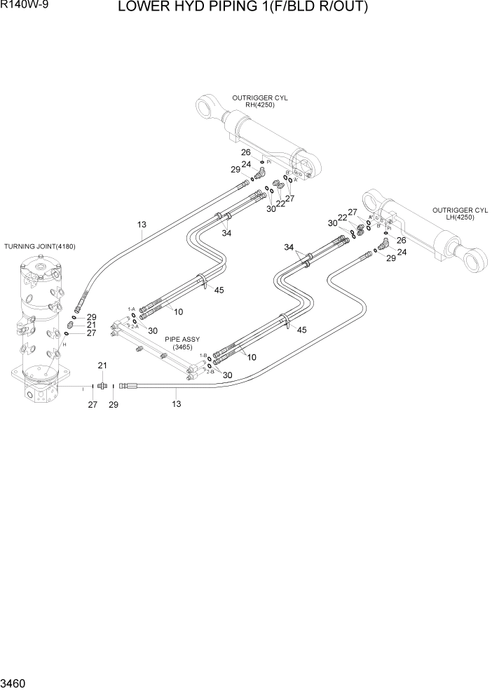 Схема запчастей Hyundai R140W9 - PAGE 3460 LOWER HYD PIPING 1(F/BLD R/OUT) ГИДРАВЛИЧЕСКАЯ СИСТЕМА