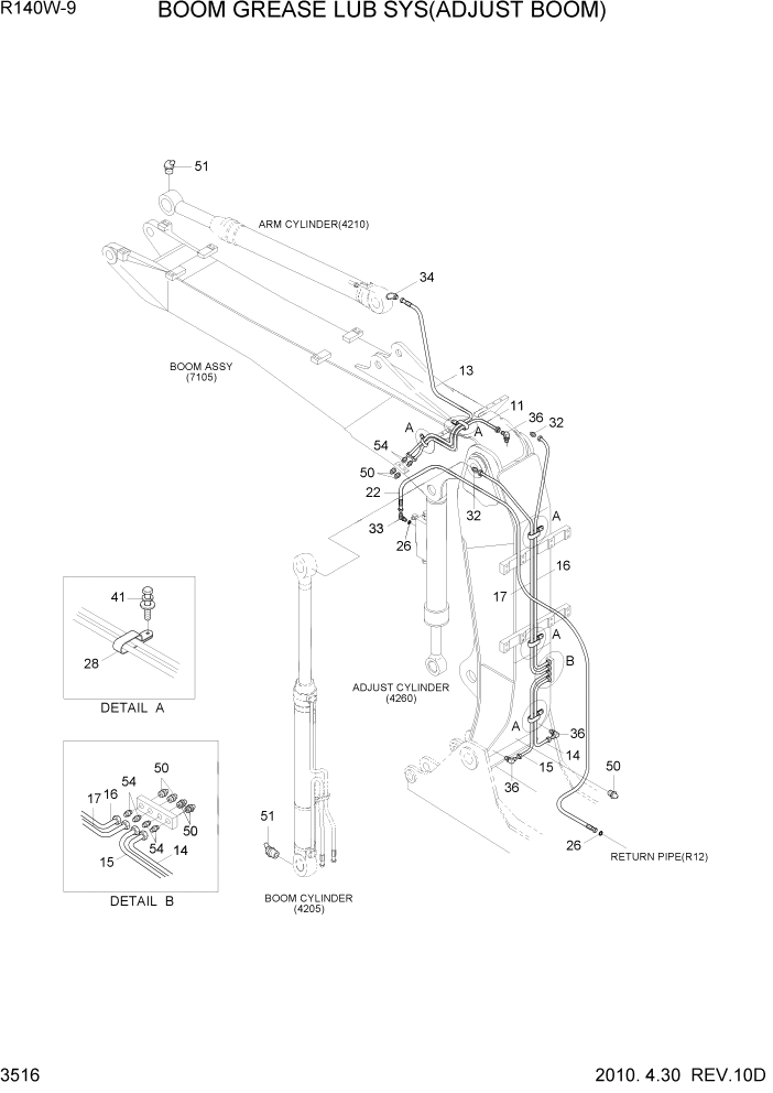 Схема запчастей Hyundai R140W9 - PAGE 3516 BOOM GREASE LUB SYSTEM(ADJUST BOOM) ГИДРАВЛИЧЕСКАЯ СИСТЕМА