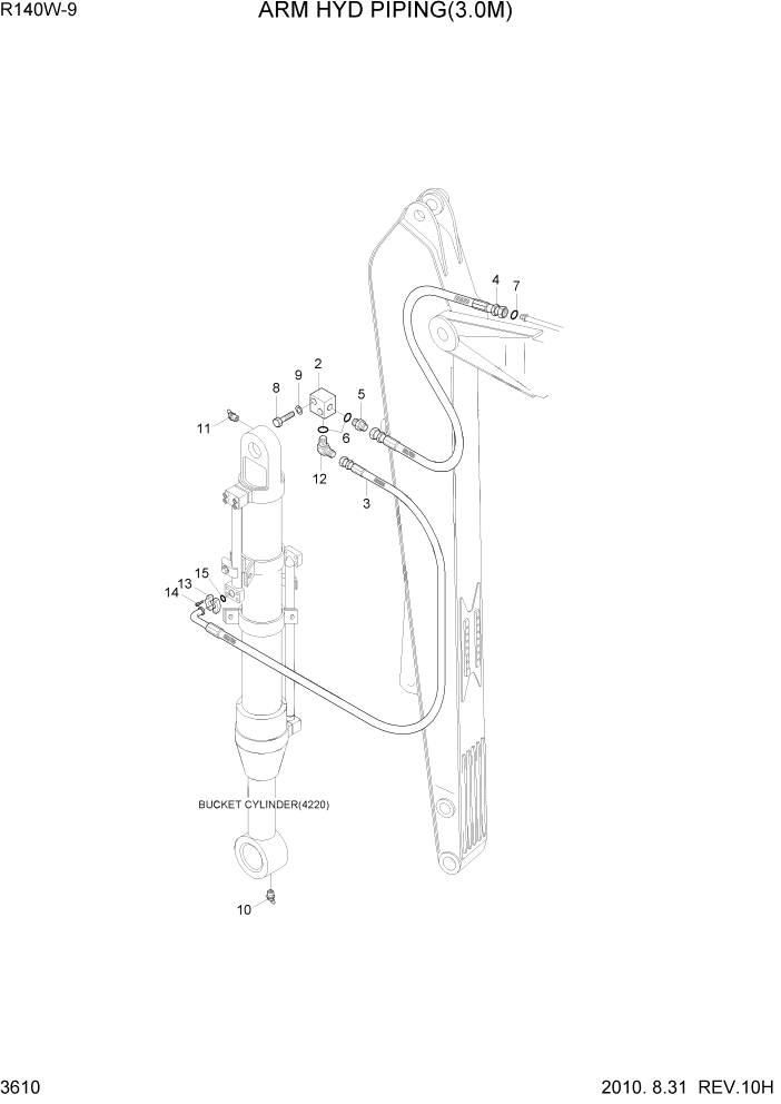 Схема запчастей Hyundai R140W9 - PAGE 3610 ARM HYD PIPING(3.0M) ГИДРАВЛИЧЕСКАЯ СИСТЕМА