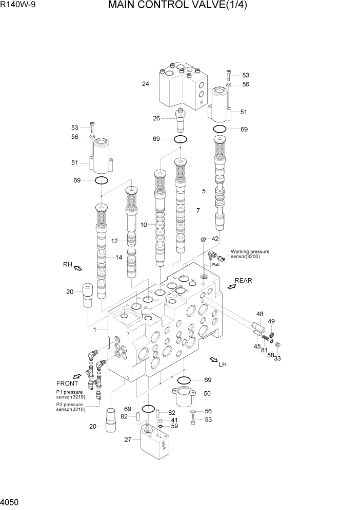 Схема запчастей Hyundai R140W9 - PAGE 4050 MAIN CONTROL VALVE(1/4) ГИДРАВЛИЧЕСКИЕ КОМПОНЕНТЫ