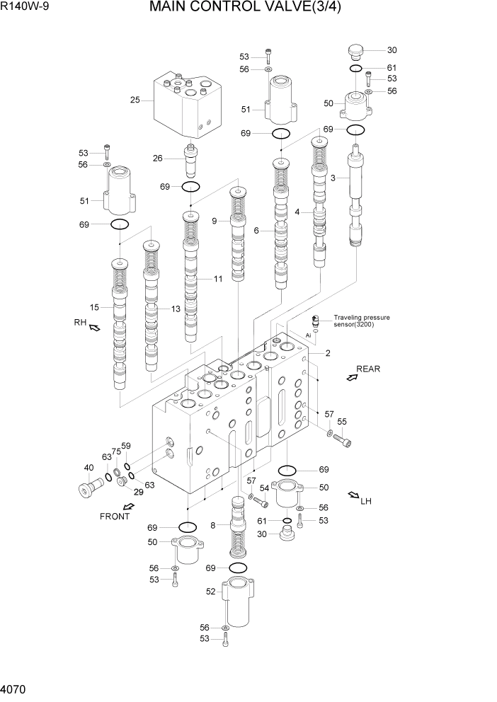 Схема запчастей Hyundai R140W9 - PAGE 4070 MAIN CONTROL VALVE(3/4) ГИДРАВЛИЧЕСКИЕ КОМПОНЕНТЫ