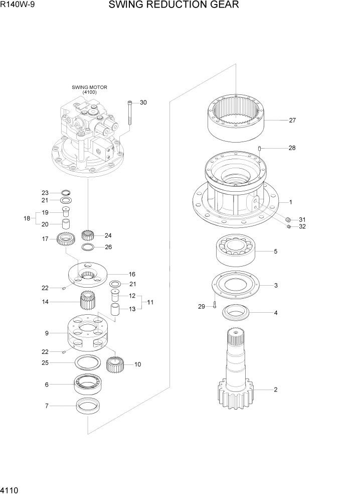 Схема запчастей Hyundai R140W9 - PAGE 4110 SWING REDUCTION GEAR ГИДРАВЛИЧЕСКИЕ КОМПОНЕНТЫ