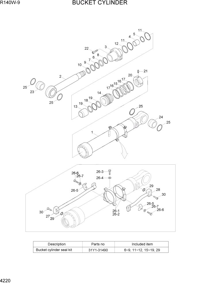 Схема запчастей Hyundai R140W9 - PAGE 4220 BUCKET CYLINDER ГИДРАВЛИЧЕСКИЕ КОМПОНЕНТЫ