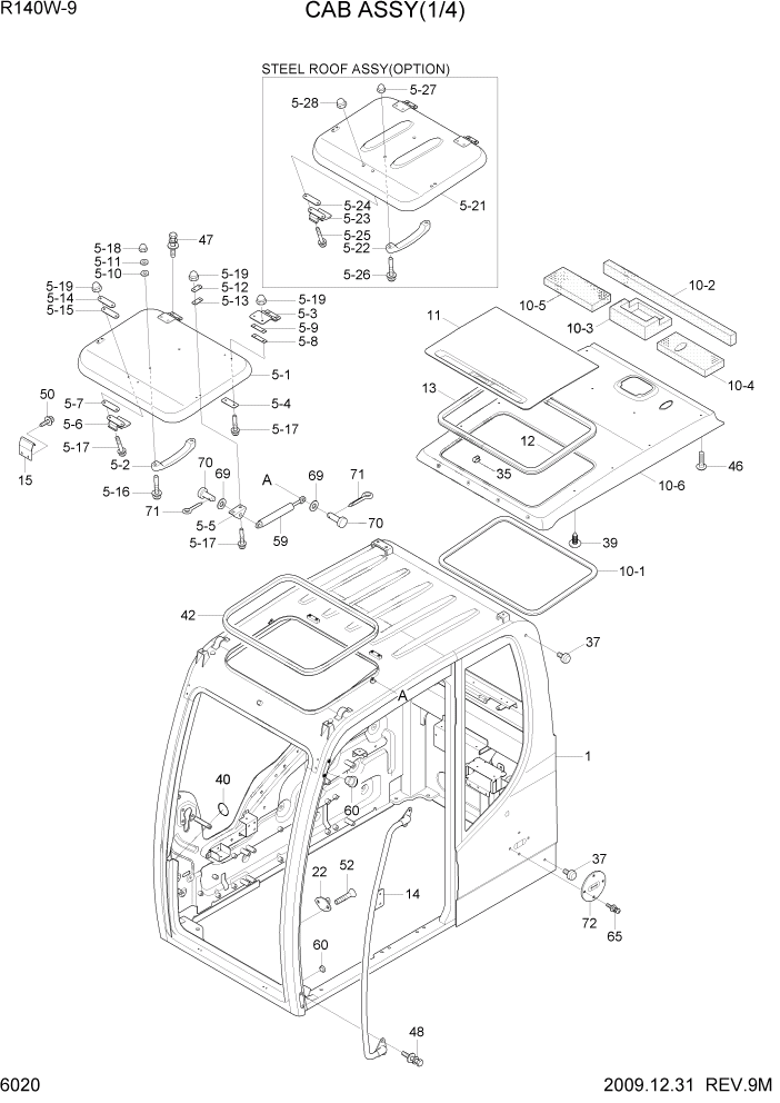 Схема запчастей Hyundai R140W9 - PAGE 6020 CAB ASSY(1/4) СТРУКТУРА