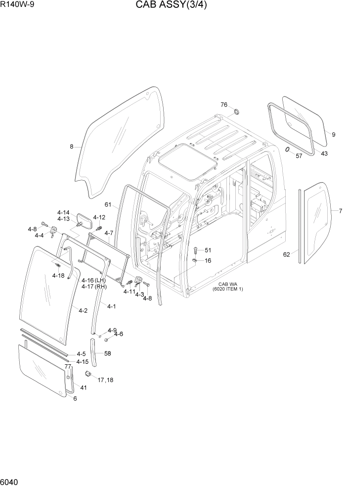 Схема запчастей Hyundai R140W9 - PAGE 6040 CAB ASSY(3/4) СТРУКТУРА