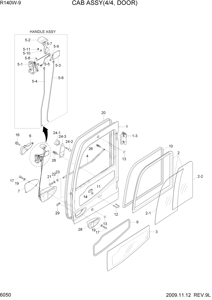 Схема запчастей Hyundai R140W9 - PAGE 6050 CAB ASSY(4/4, DOOR) СТРУКТУРА