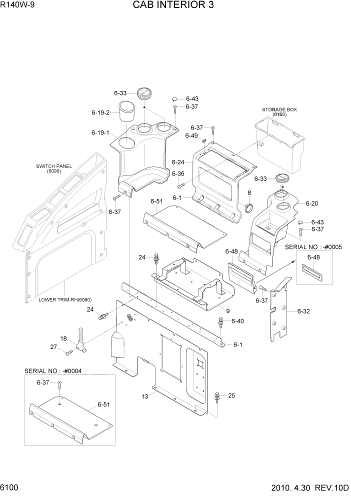 Схема запчастей Hyundai R140W9 - PAGE 6100 CAB INTERIOR 3 СТРУКТУРА