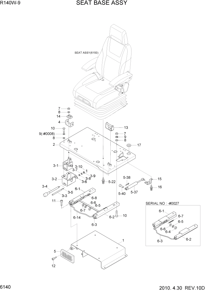 Схема запчастей Hyundai R140W9 - PAGE 6140 SEAT BASE ASSY СТРУКТУРА