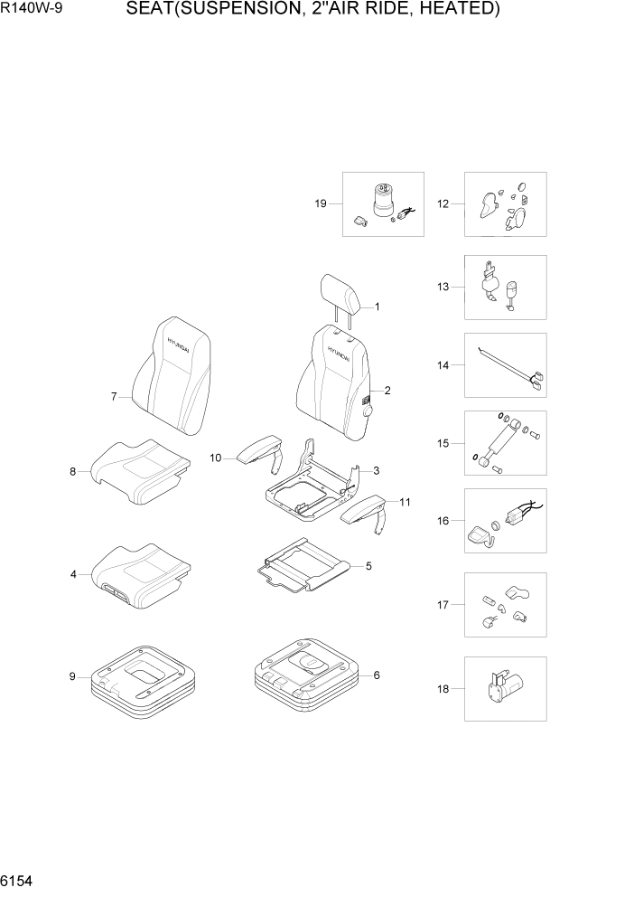 Схема запчастей Hyundai R140W9 - PAGE 6154 SEAT(SUSPENSION, 2"AIR RIDE, HEATED) СТРУКТУРА