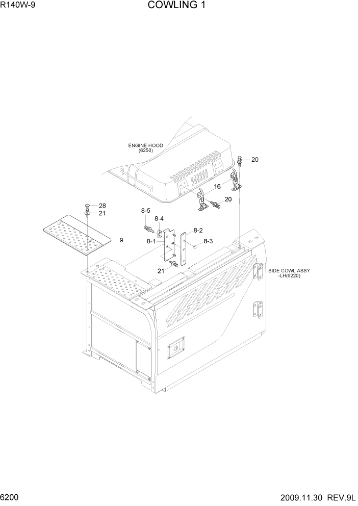 Схема запчастей Hyundai R140W9 - PAGE 6200 COWLING 1 СТРУКТУРА