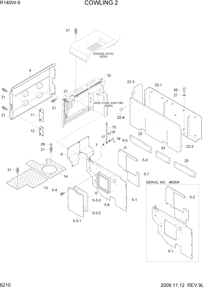 Схема запчастей Hyundai R140W9 - PAGE 6210 COWLING 2 СТРУКТУРА