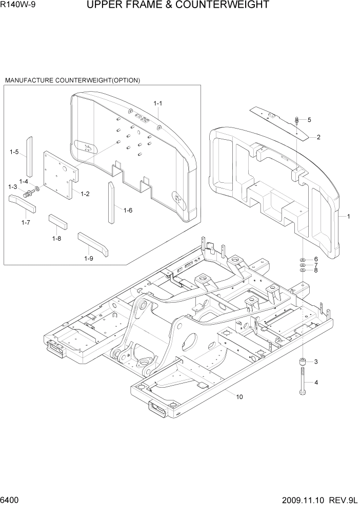 Схема запчастей Hyundai R140W9 - PAGE 6400 UPPER FRAME & COUNTERWEIGHT СТРУКТУРА