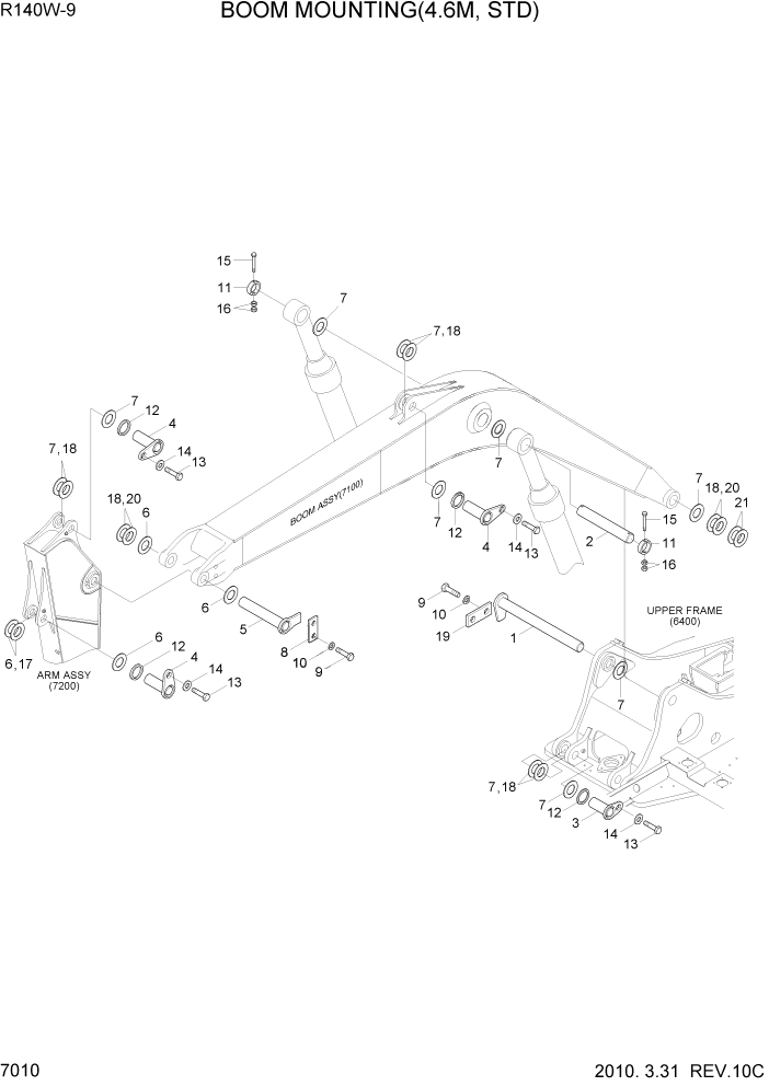 Схема запчастей Hyundai R140W9 - PAGE 7010 BOOM MOUNTING(4.6M, STD) РАБОЧЕЕ ОБОРУДОВАНИЕ