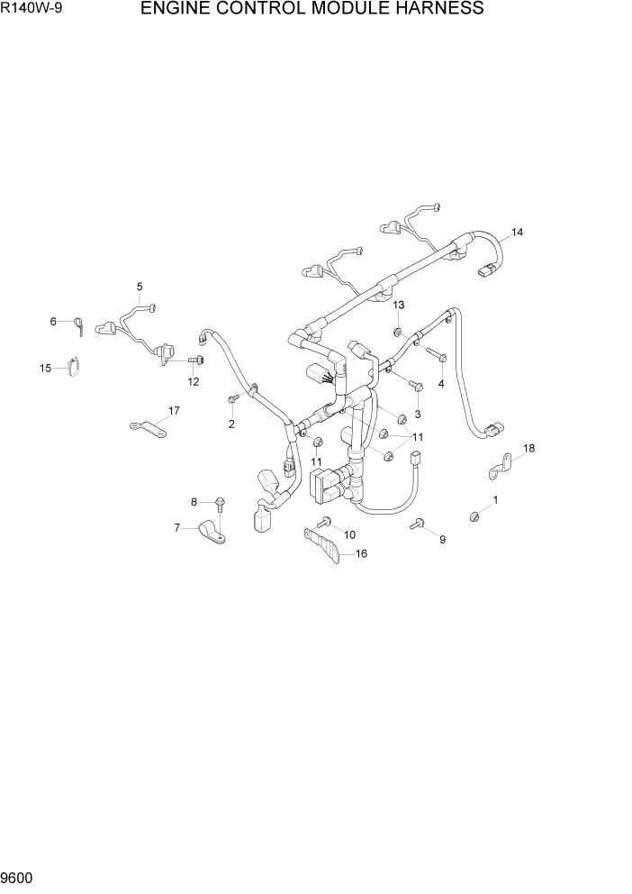 Схема запчастей Hyundai R140W9 - PAGE 9600 ENGINE CONTROL MODULE HARNESS ДВИГАТЕЛЬ БАЗА