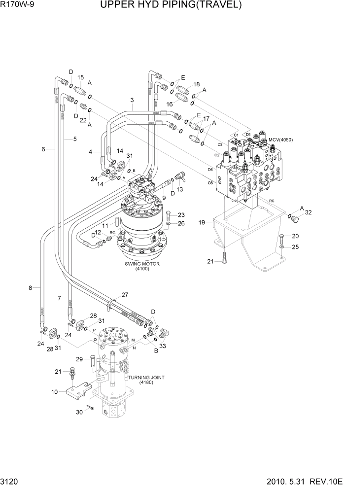 Схема запчастей Hyundai R170W9 - PAGE 3120 UPPER HYD PIPING(TRAVEL) ГИДРАВЛИЧЕСКАЯ СИСТЕМА